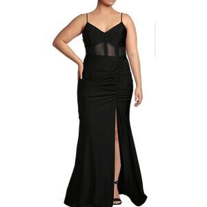 Honey and Rosie Long Black Dress Size 24 NWT Ruched Thigh High Slit A1.2